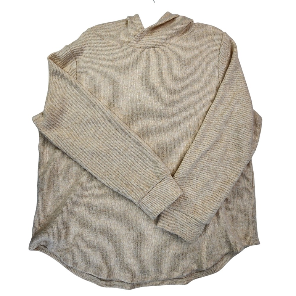 LOFT XXL Beige Hooded Ribbed Knit Sweater Curved Hem Cozy Minimalist Soft